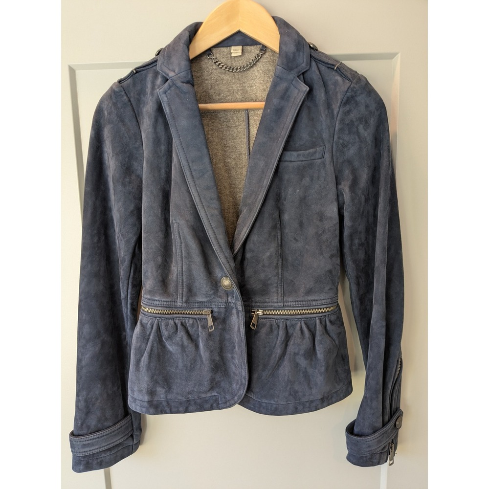 Burberry Brit Navy Blue Lamb Suede Wool Lined Moto‎ Blazer Jacket Women US 4